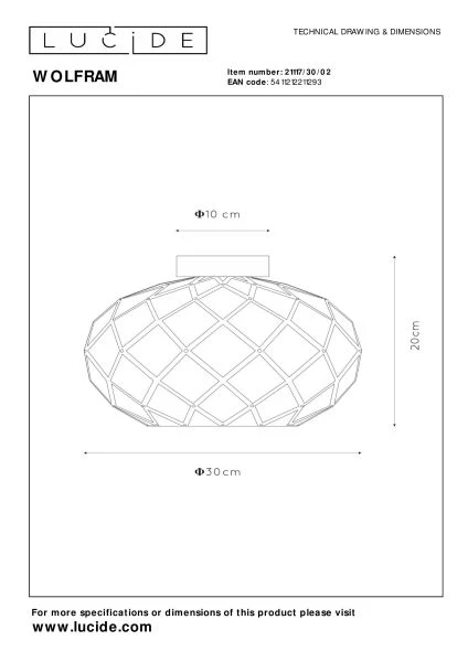 Lucide WOLFRAM - Plafonnier - Ø 30 cm - 1xE27 - Or Mat / Laiton - technique